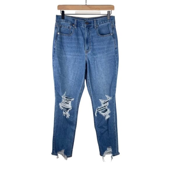 American Eagle Outfitters Denim - American Eagle Mom Jeans 6 High Rise Ripped Knee Tapered Leg Raw Hem Blue Denim